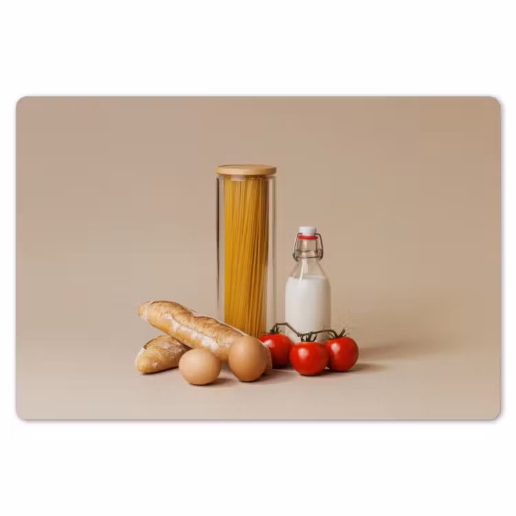 Spaghetti - Melk - Tomaten - Eieren - Brood Placemat vinyl groot -zzsfeer1_Kitchenyeah-website