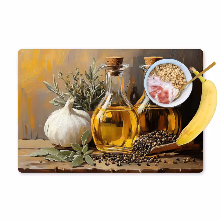 Stilleven - Olijfolie - Knoflook - Kruiden Placemat vinyl groot -zzzproduct_Kitchenyeah-website