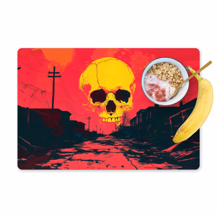 Straat - Verlaten - Schedel - Geel Placemat vinyl groot -zzzproduct_Kitchenyeah-website