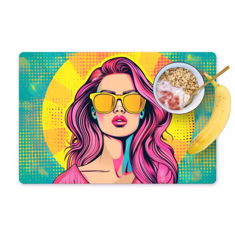 Zonnebril - Vrouw - Zonnig - Geel Placemat vinyl groot -zzzproduct_Kitchenyeah-website