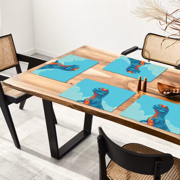 T-Rex - Blauw - Wolken - Zonnebril Placemat vinyl groot -zzsfeer4_Kitchenyeah-website