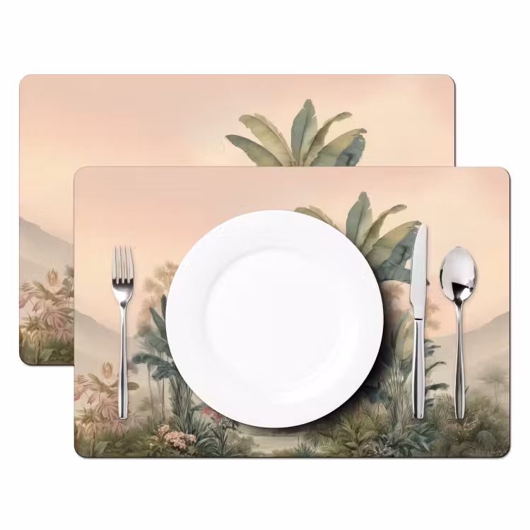 Tropisch landschap - palmbomen - Bloemen - Roze lucht Placemat vinyl groot -zzsfeer2_Kitchenyeah-website