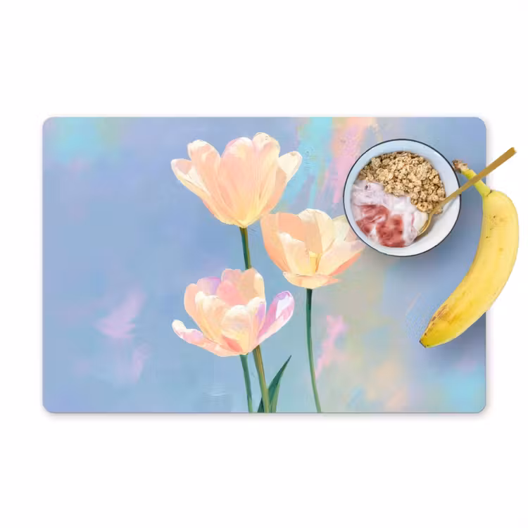 Tulpen - Roze accenten - Blauw Placemat vinyl groot -zzzproduct_Kitchenyeah-website