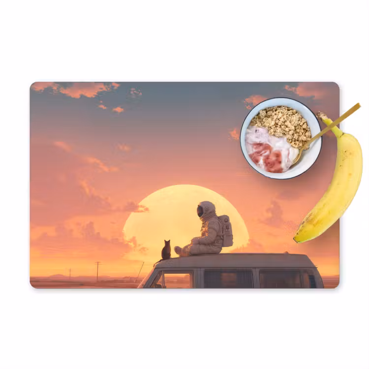 Busje - Kat - Zonsondergang - Oranje Placemat vinyl groot -zzzproduct_Kitchenyeah-website