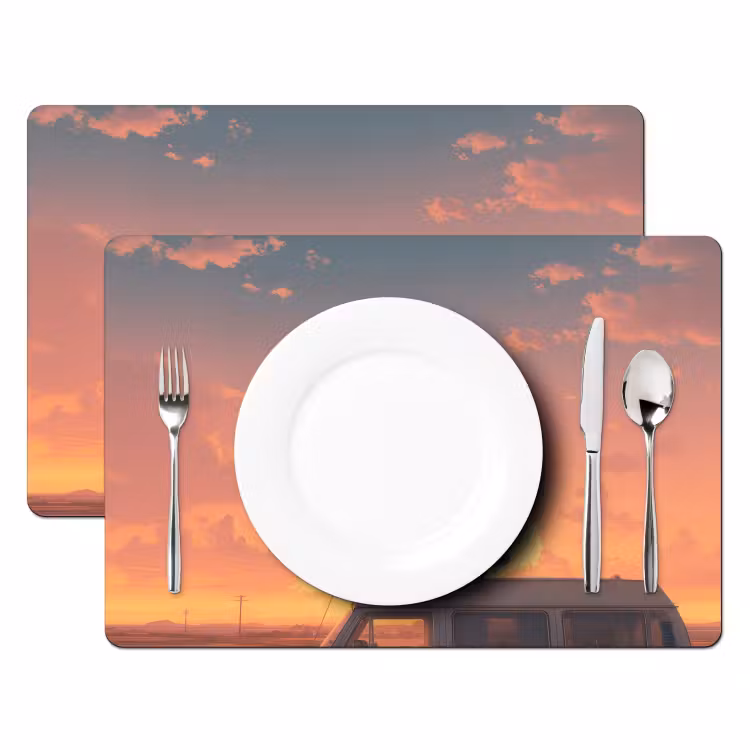 Busje - Kat - Zonsondergang - Oranje Placemat vinyl groot -zzsfeer2_Kitchenyeah-website