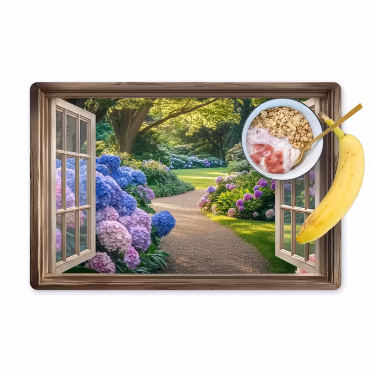 Doorkijk - Tuin - Raam - Hortensia - Bloemen Placemat vinyl groot -zzzproduct_Kitchenyeah-website
