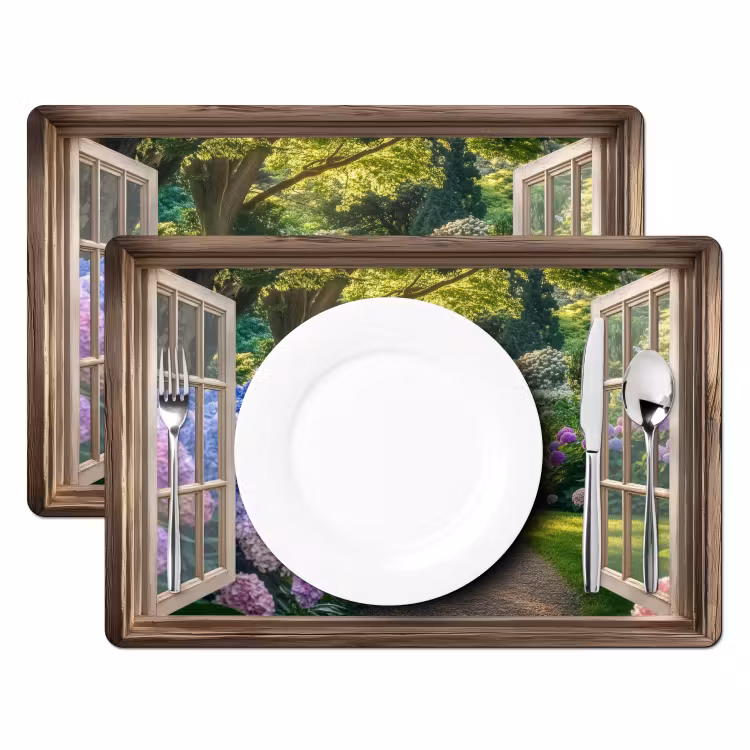 Doorkijk - Tuin - Raam - Hortensia - Bloemen Placemat vinyl groot -zzsfeer2_Kitchenyeah-website