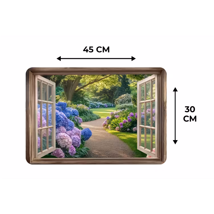 Doorkijk - Tuin - Raam - Hortensia - Bloemen Placemat vinyl groot -specs