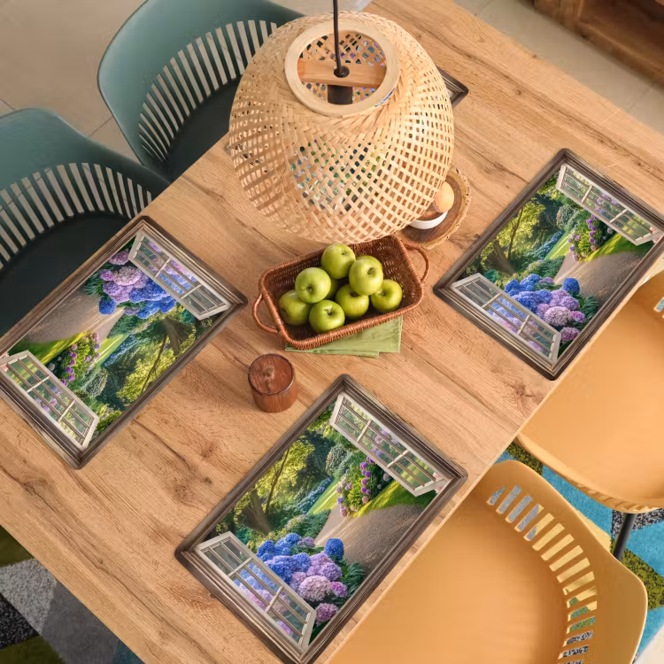 Doorkijk - Tuin - Raam - Hortensia - Bloemen Placemat vinyl groot -zzsfeer5_Kitchenyeah-website