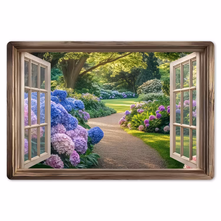 Doorkijk - Tuin - Raam - Hortensia - Bloemen Placemat vinyl groot -zzsfeer1_Kitchenyeah-website