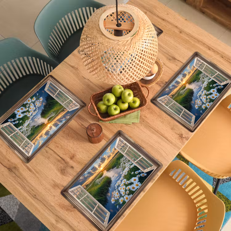 Doorkijk - Landschap - Raam - Water - Zonsondergang Placemat vinyl groot -zzsfeer5_Kitchenyeah-website