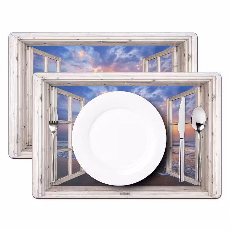 Doorkijk - Zee - Strand - Zonsondergang - Blauw Placemat vinyl groot -zzsfeer2_Kitchenyeah-website