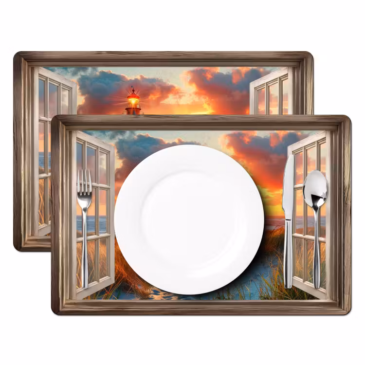 Doorkijk - Raam - Vuurtoren - Zonsondergang - Strand Placemat vinyl groot -zzsfeer2_Kitchenyeah-website