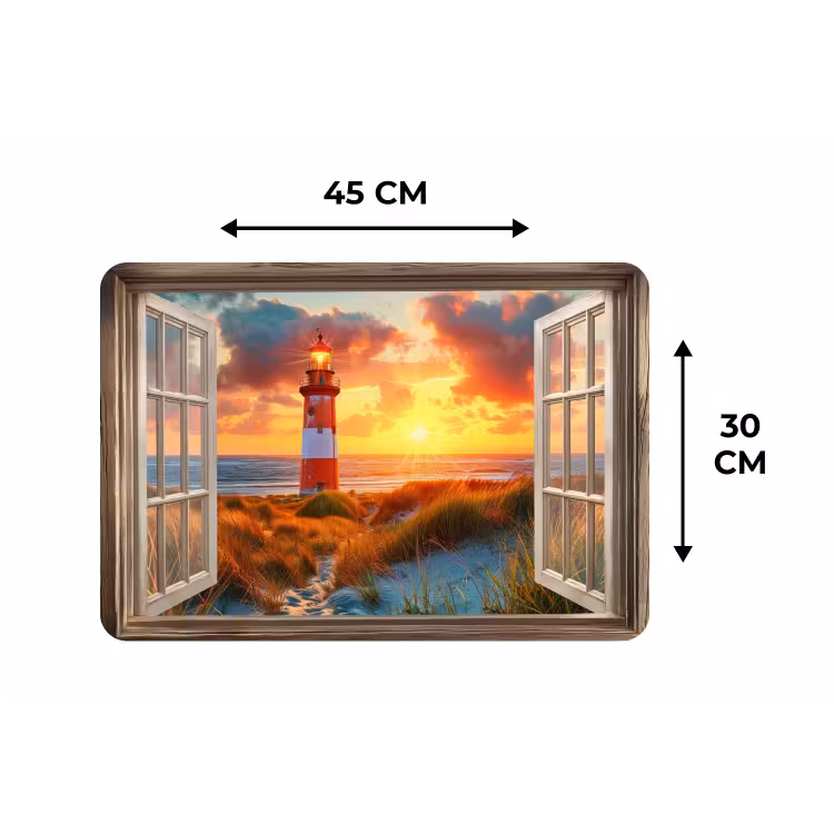 Doorkijk - Raam - Vuurtoren - Zonsondergang - Strand Placemat vinyl groot -specs