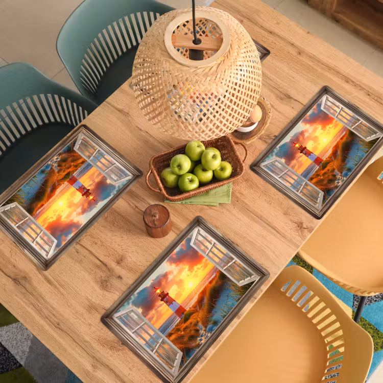 Doorkijk - Raam - Vuurtoren - Zonsondergang - Strand Placemat vinyl groot -zzsfeer5_Kitchenyeah-website
