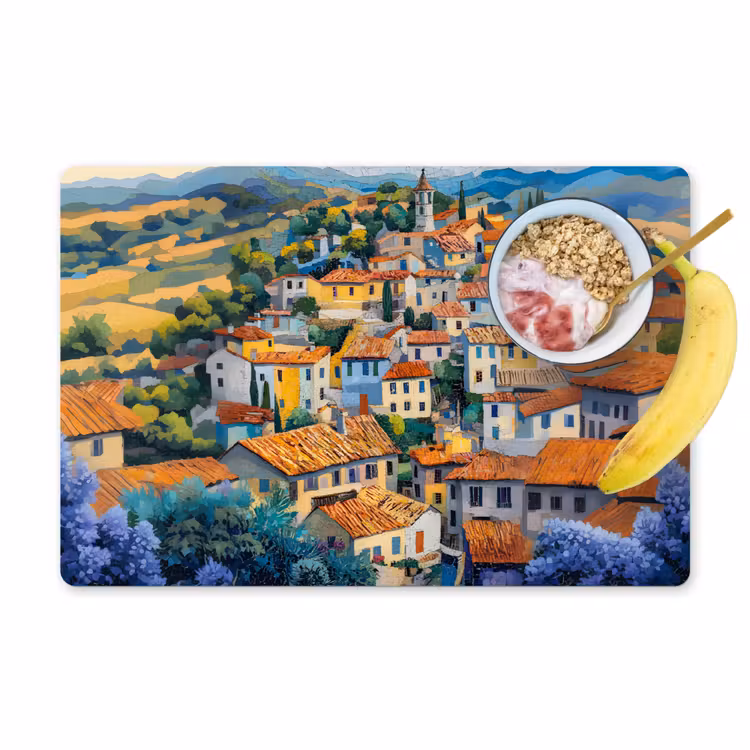 Dorp - Heuvels - Landschap - Bomen Placemat vinyl groot -zzzproduct_Kitchenyeah-website