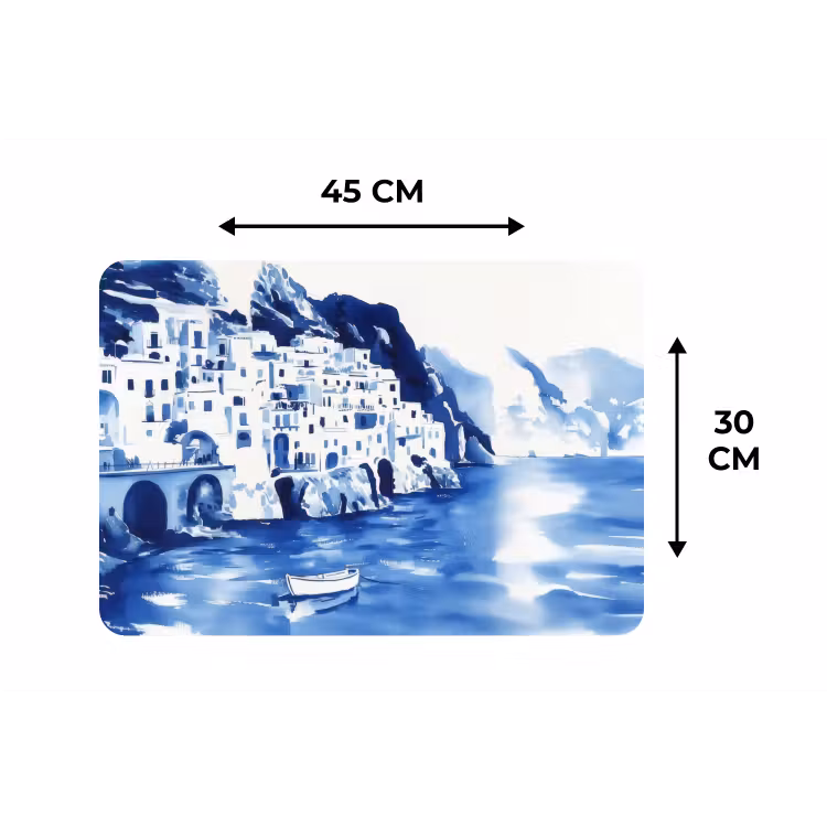 Dorp - Rotswand - Roeiboot - Water Placemat vinyl groot -specs