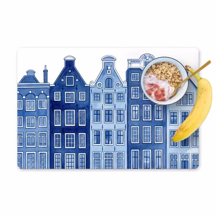 Aquarel - Grachtenpanden - Delfts - Blauw Placemat vinyl groot -zzzproduct_Kitchenyeah-website
