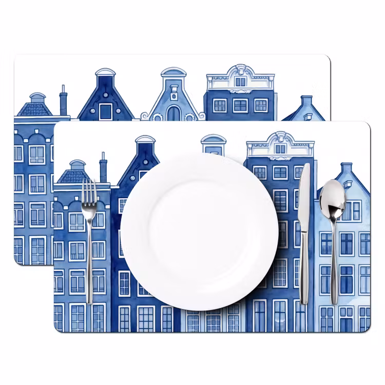 Aquarel - Grachtenpanden - Delfts - Blauw Placemat vinyl groot -zzsfeer2_Kitchenyeah-website
