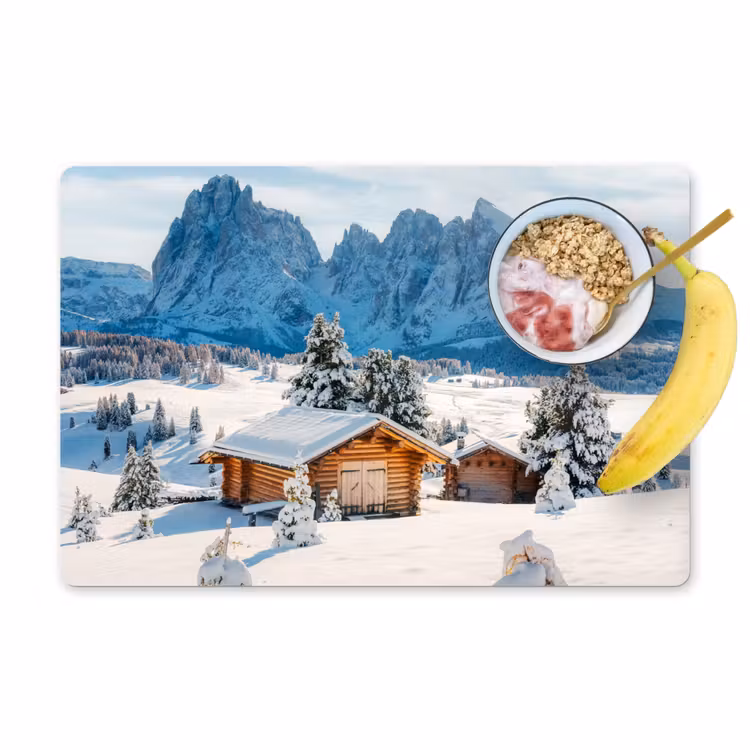 Winter - Huisje - Bergen - Uitzicht - Sneeuw Placemat vinyl groot -zzzproduct_Kitchenyeah-website