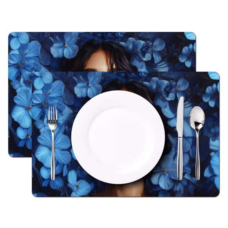 Vrouw - Blauw - Bloemen - Vlinders - Natuur Placemat vinyl groot -zzsfeer2_Kitchenyeah-website