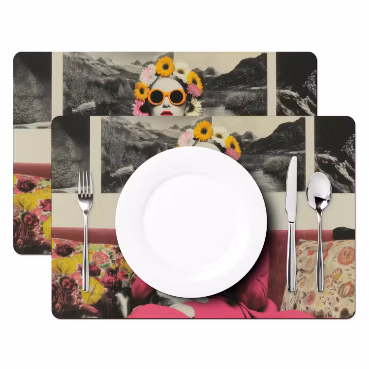 Vrouw - Kat - Bloemen - Kopje - Retro Placemat vinyl groot -zzsfeer2_Kitchenyeah-website