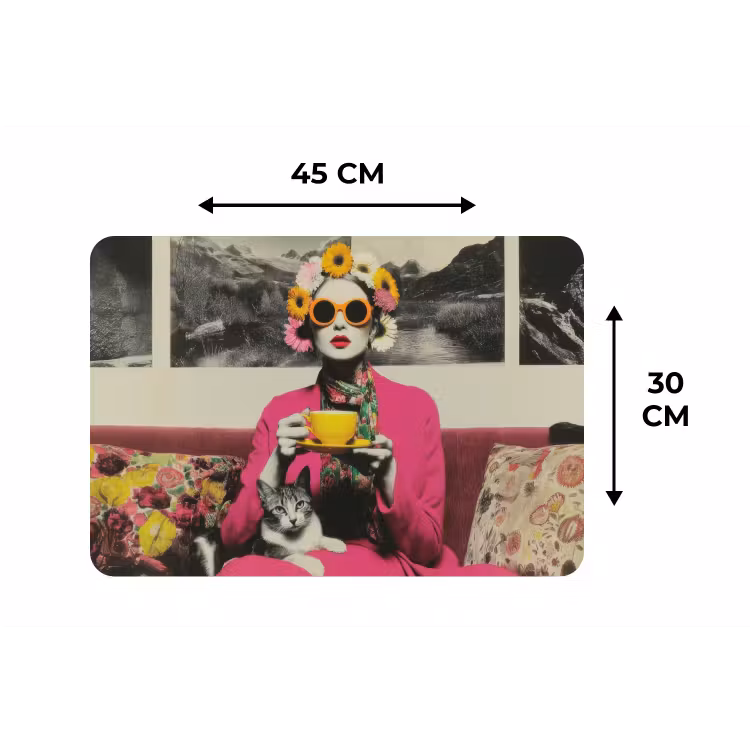 Vrouw - Kat - Bloemen - Kopje - Retro Placemat vinyl groot -specs