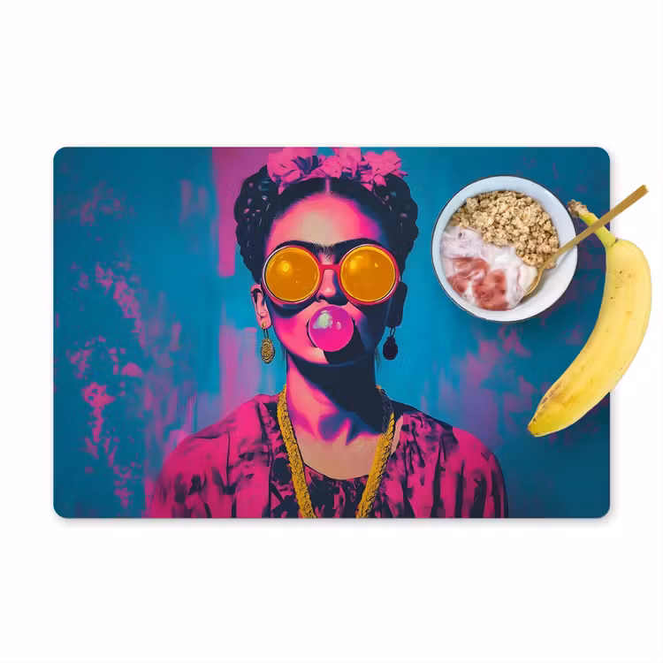 Vrouw - Kauwgom - Zonnebril - Oranje Placemat vinyl groot -zzzproduct_Kitchenyeah-website