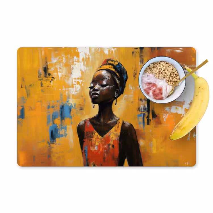 Vrouw - Ogen - Penseelstreken - Geel Placemat vinyl groot -zzzproduct_Kitchenyeah-website