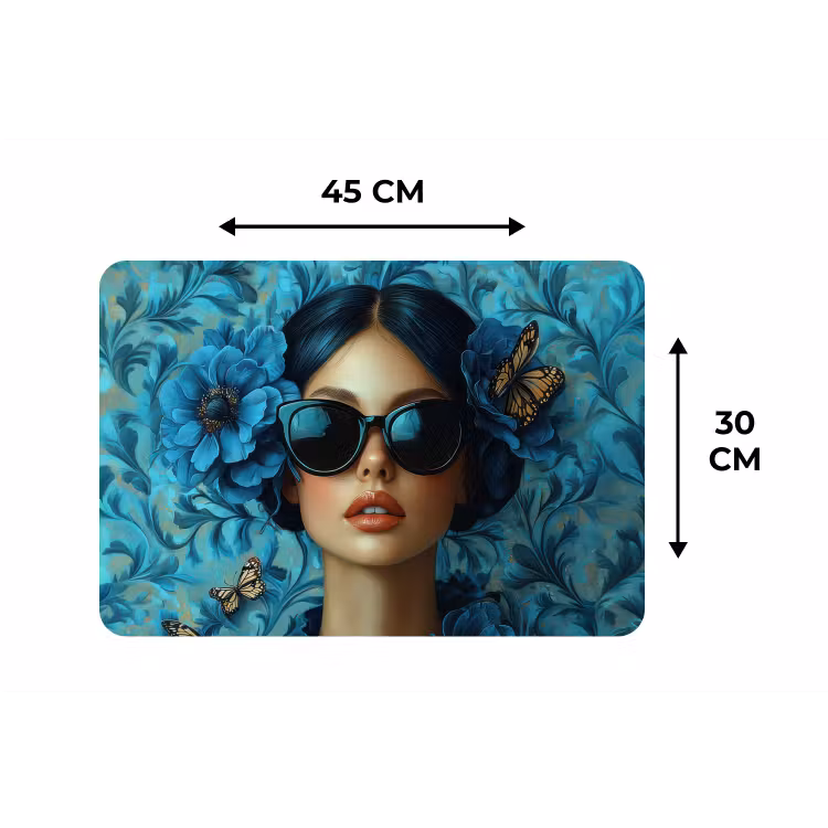 Vrouw - Bloemen - Vlinders - Blauw - Abstract Placemat vinyl groot -specs