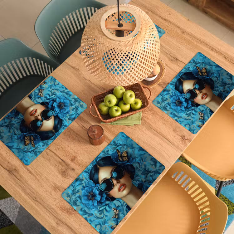 Vrouw - Bloemen - Vlinders - Blauw - Abstract Placemat vinyl groot -zzsfeer5_Kitchenyeah-website