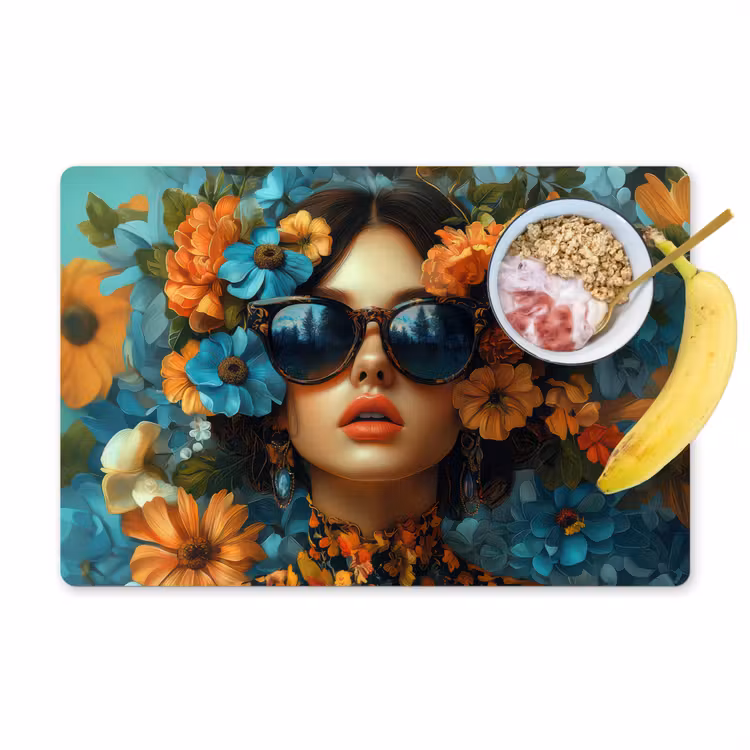 Vrouw - Bloemen - Oranje - Blauw - Modern Placemat vinyl groot -zzzproduct_Kitchenyeah-website