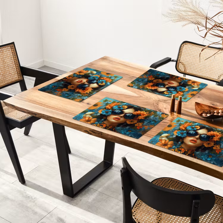 Vrouw - Bloemen - Oranje - Blauw - Modern Placemat vinyl groot -zzsfeer4_Kitchenyeah-website