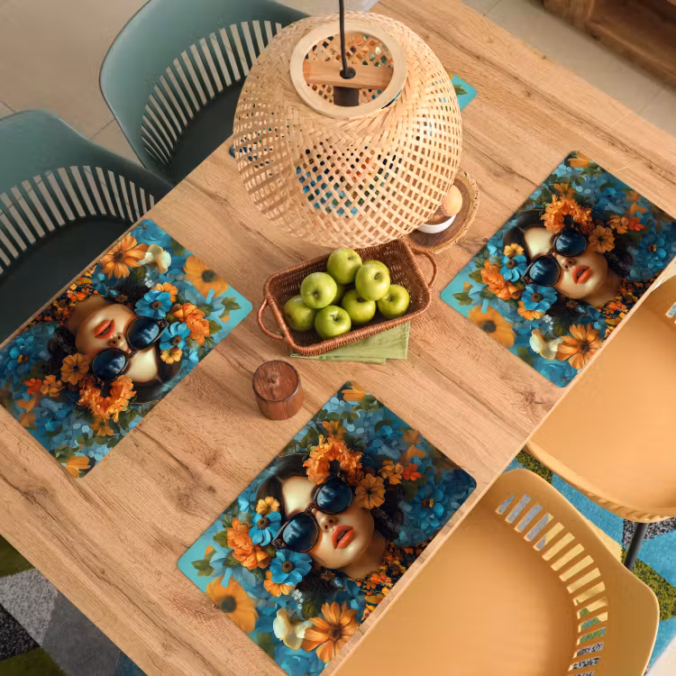 Vrouw - Bloemen - Oranje - Blauw - Modern Placemat vinyl groot -zzsfeer5_Kitchenyeah-website