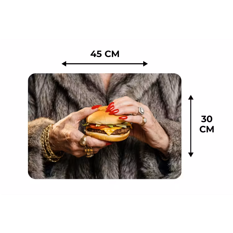 Vrouw - Hamburger - Bontjas Placemat vinyl groot -specs
