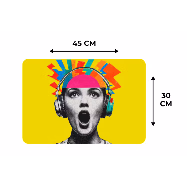 Vrouw - Koptelefoon - Geel Placemat vinyl groot -specs