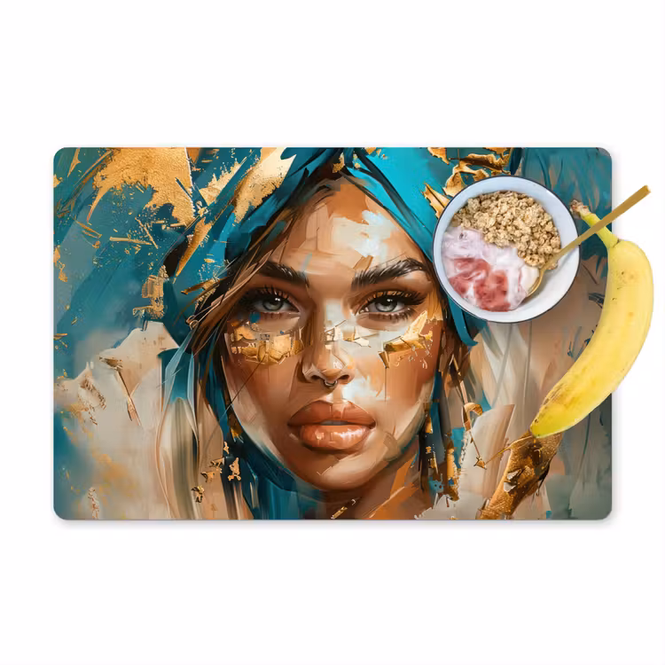 Vrouw - Portret - Goud - Luxe - Blauw Placemat vinyl groot -zzzproduct_Kitchenyeah-website