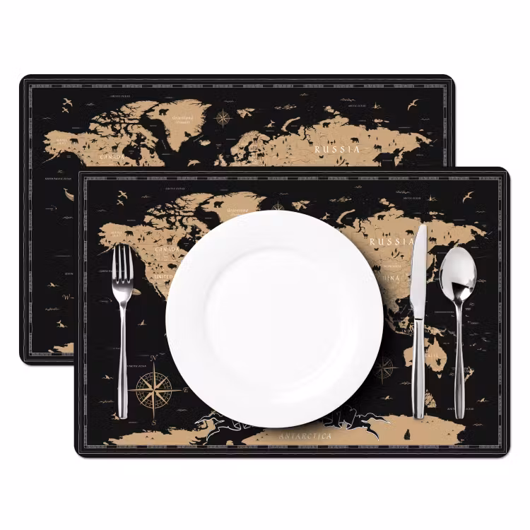 Wereldkaart - Beige - Zwart Placemat vinyl groot -zzsfeer2_Kitchenyeah-website