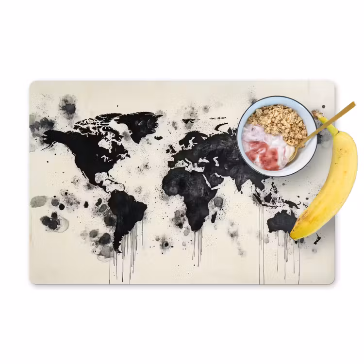 Wereldkaart - Zwart - Inkt Placemat vinyl groot -zzzproduct_Kitchenyeah-website