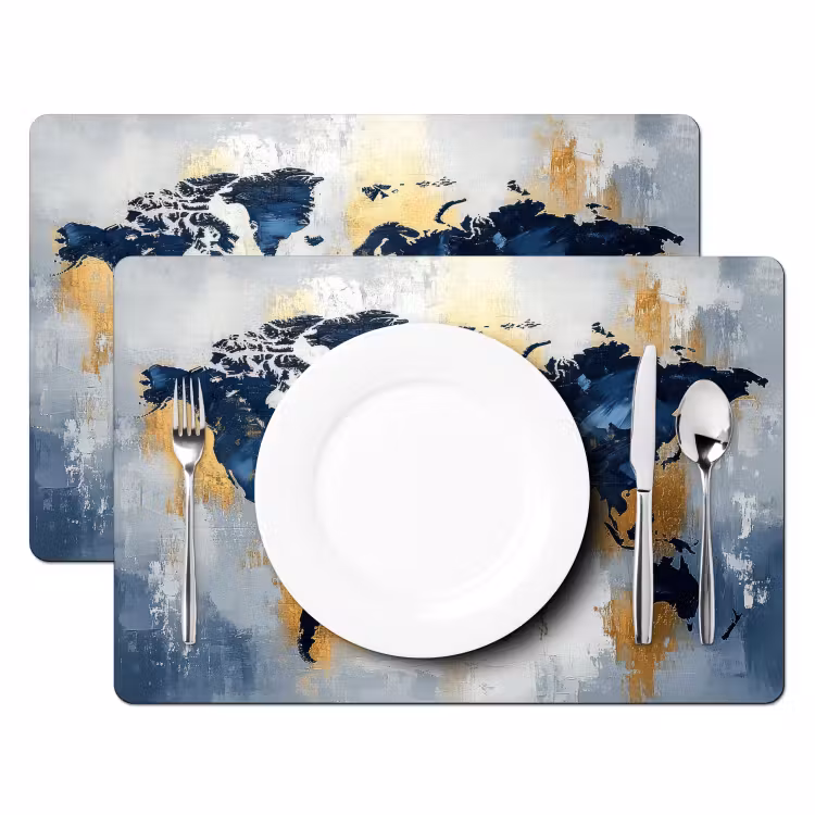 Wereldkaart - Blauw - Abstract Placemat vinyl groot -zzsfeer2_Kitchenyeah-website