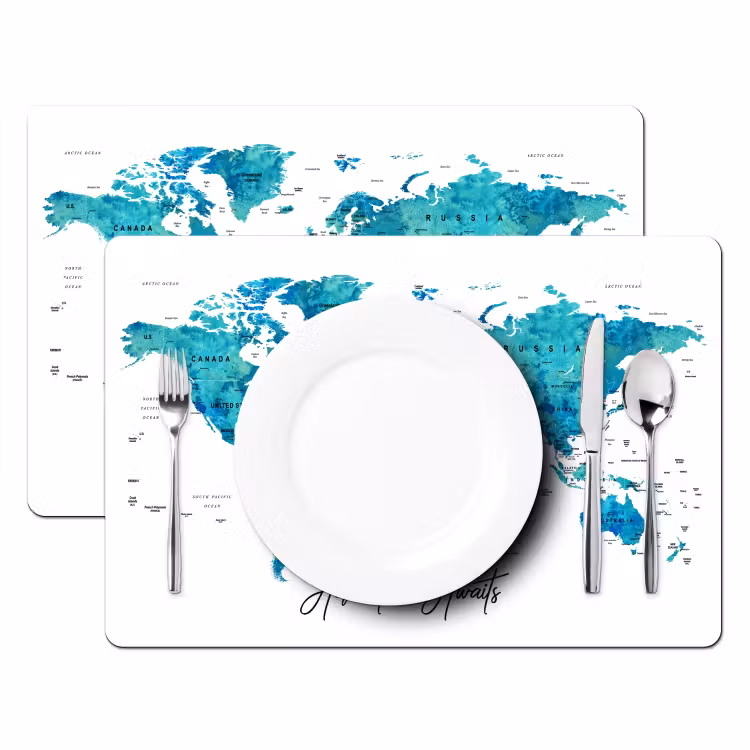 Wereldkaart - Blauw - Kleurrijk Placemat vinyl groot -zzsfeer2_Kitchenyeah-website