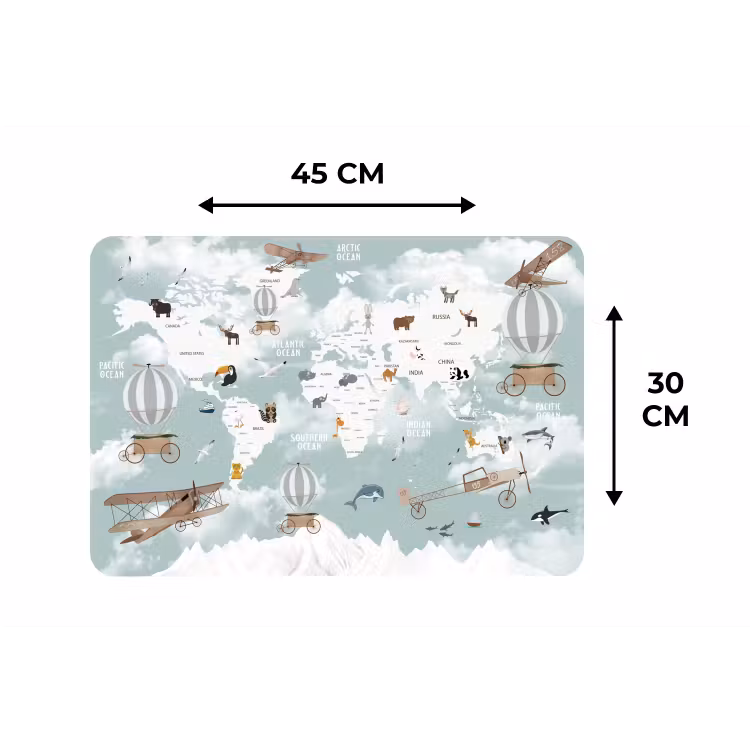 Wereldkaart - Kind - Vliegtuig Placemat vinyl groot -specs