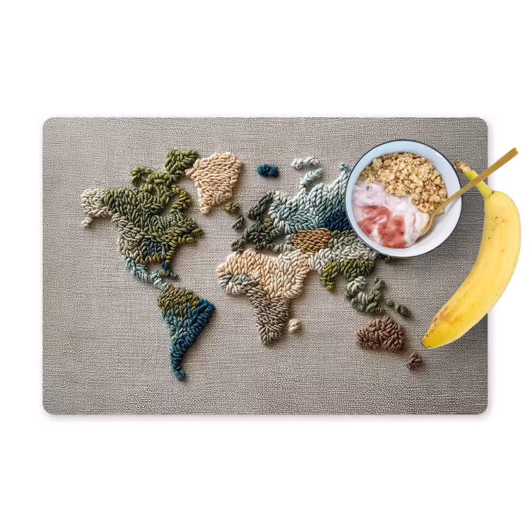 Wereldkaart - Geborduurd - Aardetinten Placemat vinyl groot -zzzproduct_Kitchenyeah-website