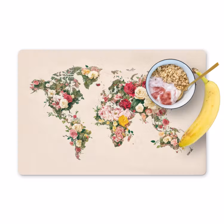 Wereldkaart - Bloemen - Roze Placemat vinyl groot -zzzproduct_Kitchenyeah-website