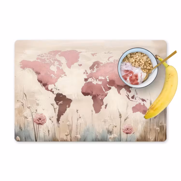 Wereldkaart - Roze - Bloemen Placemat vinyl groot -zzzproduct_Kitchenyeah-website