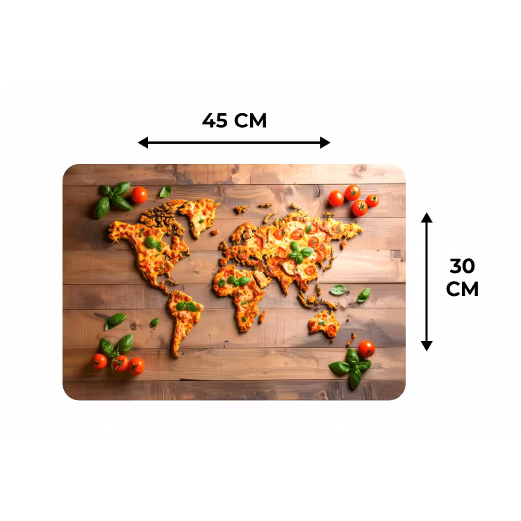 Wereldkaart - Pizza - Houten ondergrond Placemat vinyl groot -specs