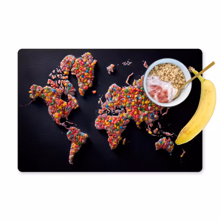 Wereldkaart - Snoepjes - Felle kleuren Placemat vinyl groot -zzzproduct_Kitchenyeah-website