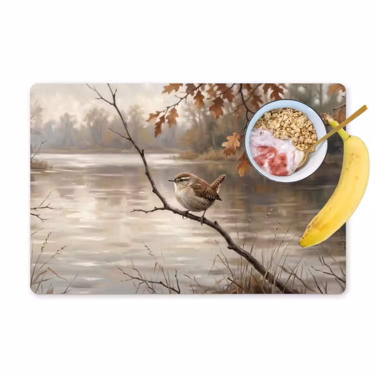 Winterkoninkje - Tak - Rivier - Natuur - Sfeervol Placemat vinyl groot -zzzproduct_Kitchenyeah-website