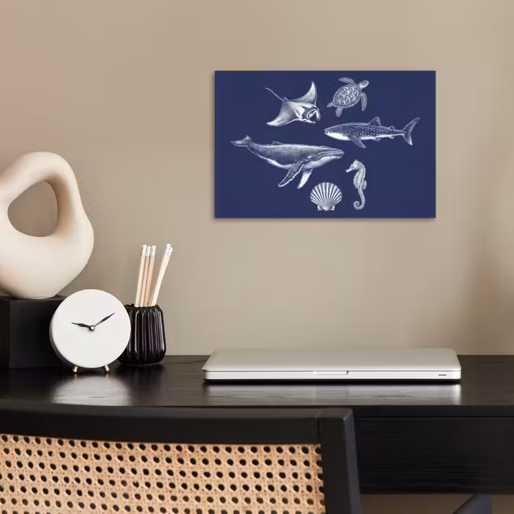 Dieren - Zeeleven - Oceaan - Graveren - Blauw poster papier klein -sfeer1