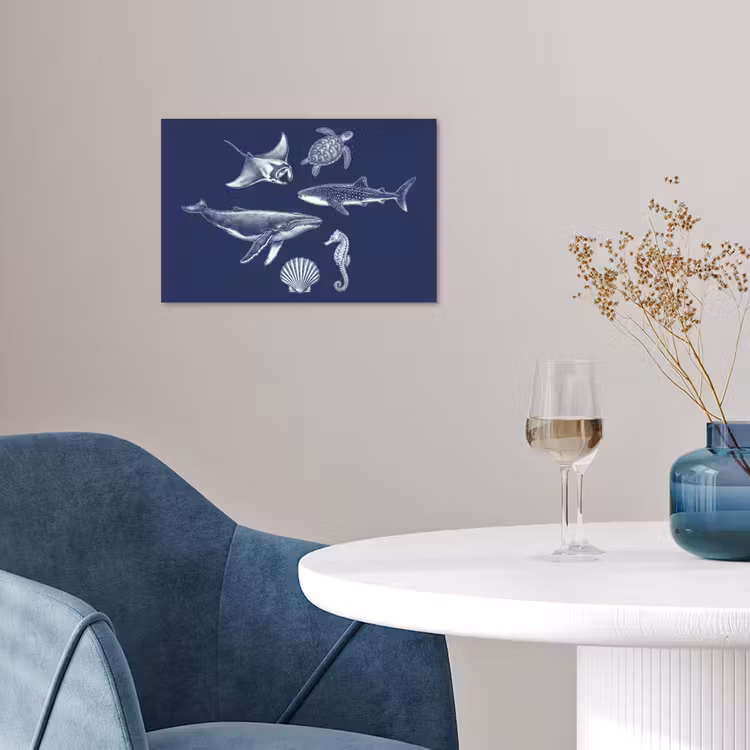 Dieren - Zeeleven - Oceaan - Graveren - Blauw poster papier klein -sfeer3